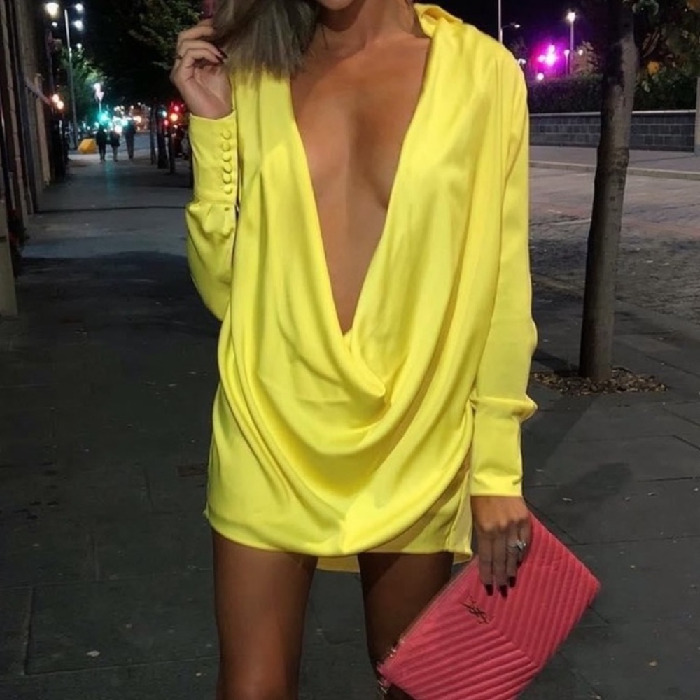 Peace + love Yellow Satin Cowl Mini Dress